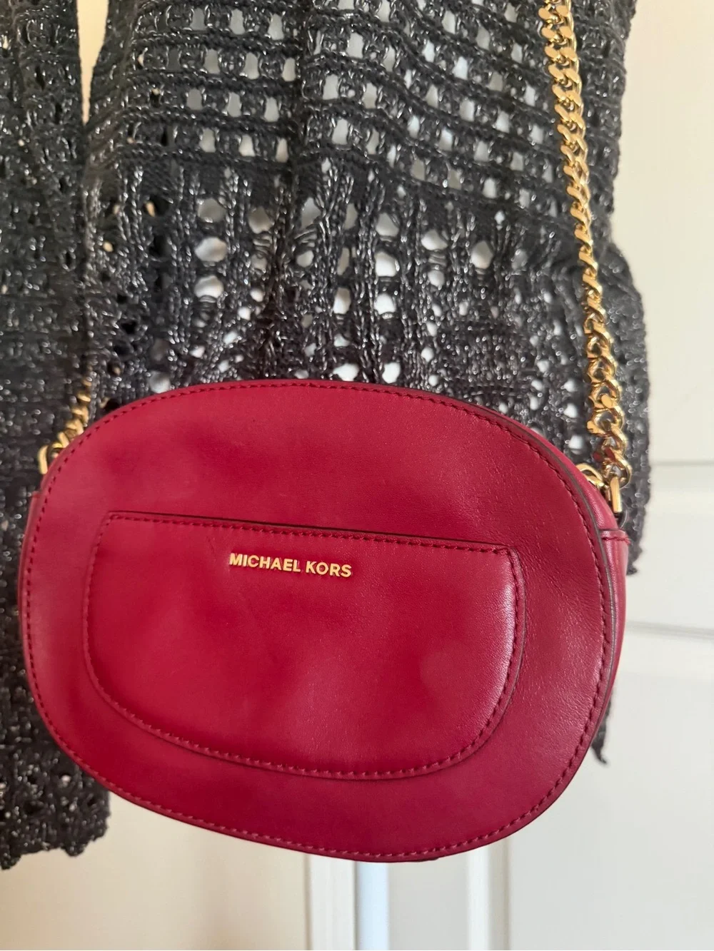 Michael Kors Red Burgundy Leather Oval Crossbody with Gold Chain